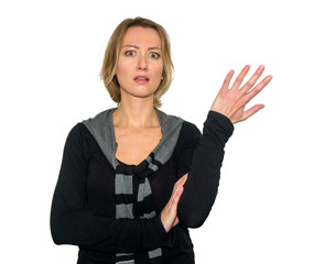 Portrait of annoyed  woman gesturing, expressing confusion, frowning, being displeased . Isolated...