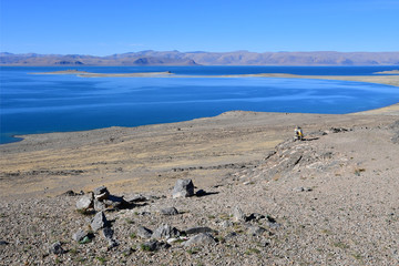 China. Great lakes of Tibet. Lake Teri Tashi Namtso in sunny  day in June
