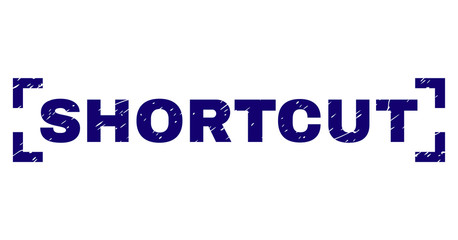 SHORTCUT text seal print with corroded effect. Text caption is placed inside corners. Blue vector rubber print of SHORTCUT with dirty texture.
