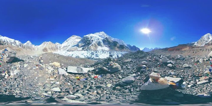 360 vr of the Everest Base camp at Khumbu glacier. Khumbu valley, Sagarmatha national park, Nepal of the Himalayas. EBC track route near Gorak Shep.