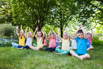 Obraz premium A large group of children engaged in yoga in the Park sitting on the grass.
