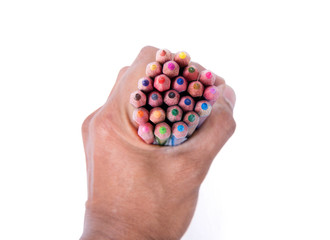 Hand Holding Color Pencil Isolated On White