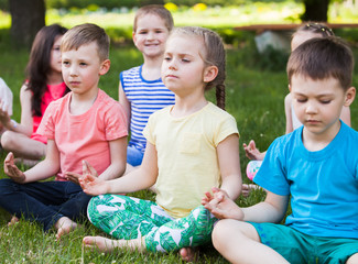 A large group of children engaged in yoga in the Park sitting on the grass.