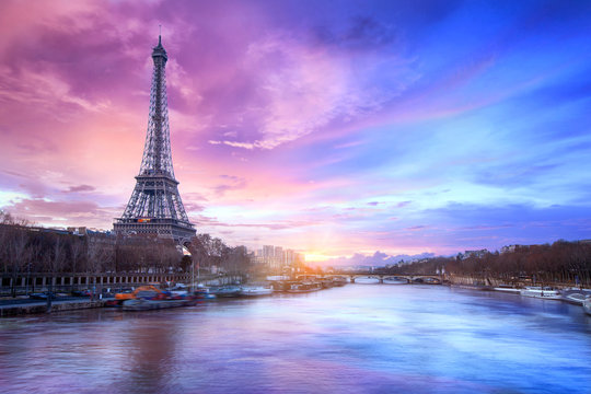 Sunset over the Seine river near Eiffel tower in Paris, France