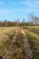 empty country gravel road with mud puddles and bumps