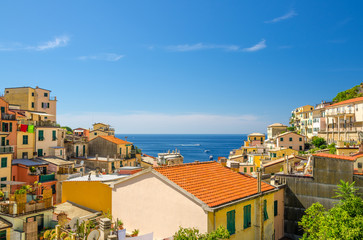 Fototapeta na wymiar Top view of orange tiled roofs of multicolored houses with balconies and shutter windows of Riomaggiore typical fishing village National park Cinque Terre, horizon Ligurian Sea, Liguria, Italy