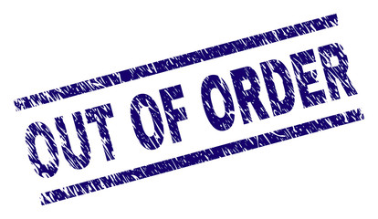 OUT OF ORDER seal print with scratced style. Blue vector rubber print of OUT OF ORDER title with dirty texture. Text title is placed between parallel lines.