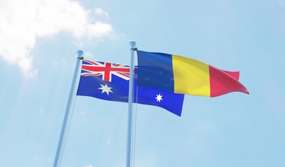 Romania and Australia, two flags waving against blue sky. 3d image