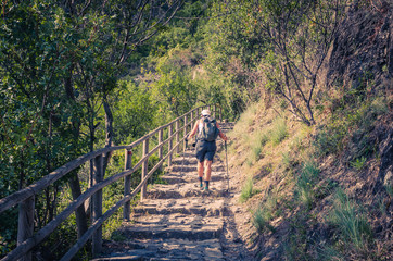 Tourist woman is hiking up steps of pedestrian stone path trail stairs with railing between...