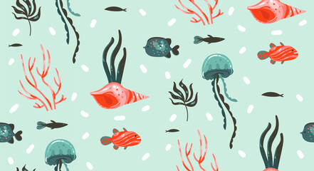 Hand drawn vector abstract cartoon graphic summer time underwater illustrations seamless pattern with coral reefs,jellyfish,seahorse and different fishes isolated on white background