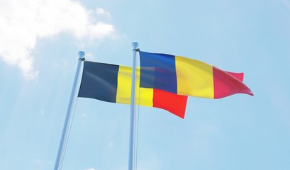 Romania and Belgium, two flags waving against blue sky. 3d image