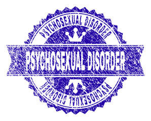 Obraz premium PSYCHOSEXUAL DISORDER rosette seal imprint with grunge texture. Designed with round rosette, ribbon and small crowns. Blue vector rubber print of PSYCHOSEXUAL DISORDER text with corroded texture.