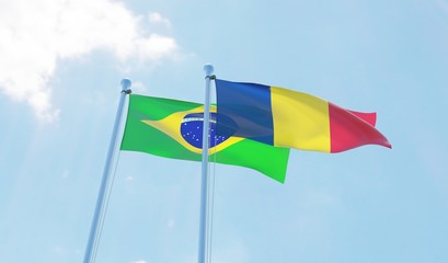 Romania and Brazil, two flags waving against blue sky. 3d image