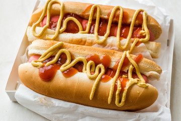 Box of Hot Dog with Ketchup and Mustard / Sausage Sandwich