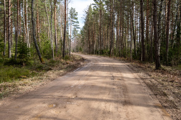 empty country gravel road with mud puddles and bumps