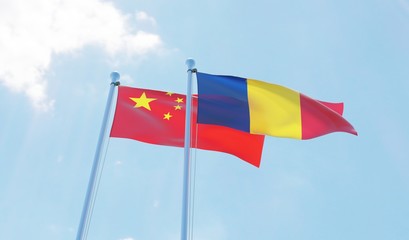 Romania and China, two flags waving against blue sky. 3d image