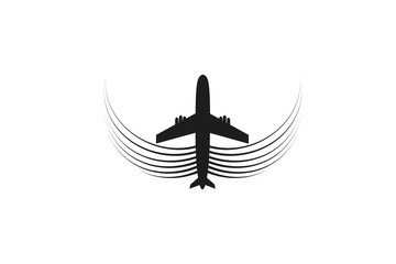 The plane with wings flies on the line. Tourism and travel. The waypoint is intended for a tourist trip. and his track on a white background. Vector illustration
