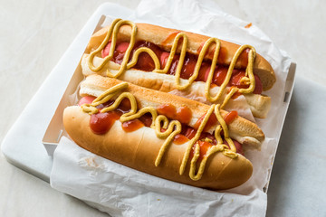 Box of Hot Dog with Ketchup and Mustard / Sausage Sandwich