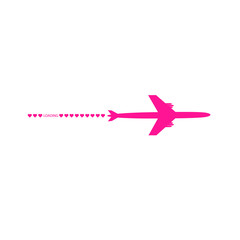 Progress loading bar with airplane and hearts. The flying apartment is black. The waypoint is for a tourist trip. Track on a white background. Vector illustration. Tourism. Travel