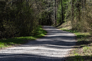 empty country gravel road with mud puddles and bumps