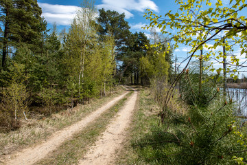 empty country gravel road with mud puddles and bumps