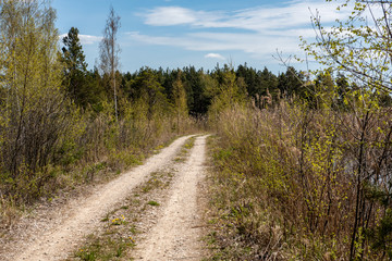 empty country gravel road with mud puddles and bumps