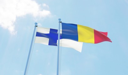 Romania and Finland, two flags waving against blue sky. 3d image