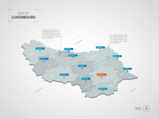 Obraz premium Isometric 3D Luxembourg map. Stylized vector map illustration with cities, borders, capital, administrative divisions and pointer marks; gradient background with grid.