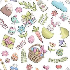 Fototapeten Easter seamless pattern. Colorful childish decor repeat background. Hand drawn doodle cartoon style spring holiday design concept. Vector illustration. © Natalie Adams
