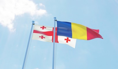 Romania and Georgia, two flags waving against blue sky. 3d image