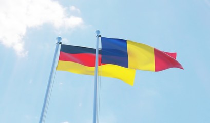 Romania and Germany, two flags waving against blue sky. 3d image