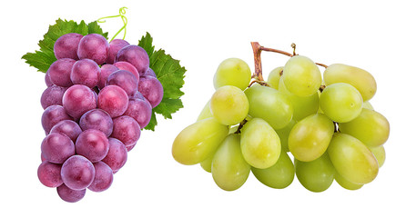 Fresh grapes with leaves isolated on white background with clipping pass
