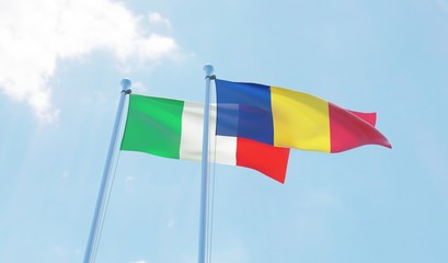 Romania and Italy, two flags waving against blue sky. 3d image
