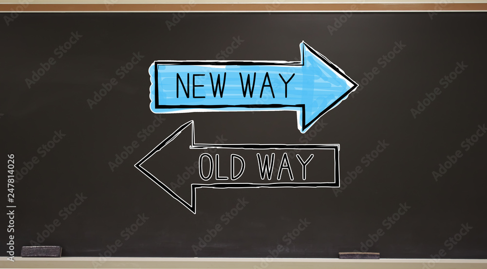 Poster old way or new way on a blackboard with erasers