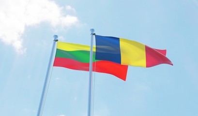 Romania and Lithuania, two flags waving against blue sky. 3d image