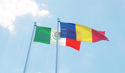 Romania and Mexico, two flags waving against blue sky. 3d image