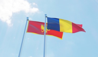 Romania and Montenegro, two flags waving against blue sky. 3d image