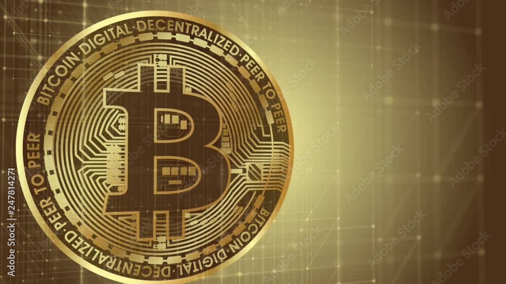Poster animated peaces of bitcoin on gold backgroun with dots conected with lines