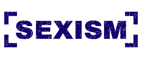 SEXISM title seal stamp with corroded texture. Text title is placed inside corners. Blue vector rubber print of SEXISM with corroded texture.