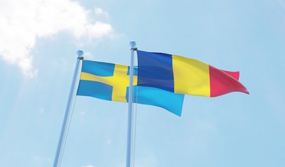 Romania and Sweden, two flags waving against blue sky. 3d image