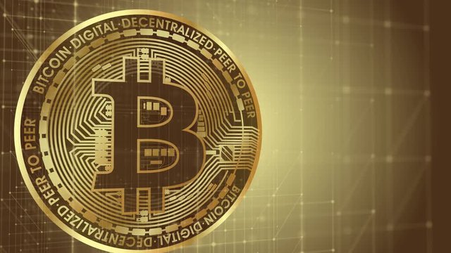 Animated peaces of bitcoin on gold backgroun with dots conected with lines