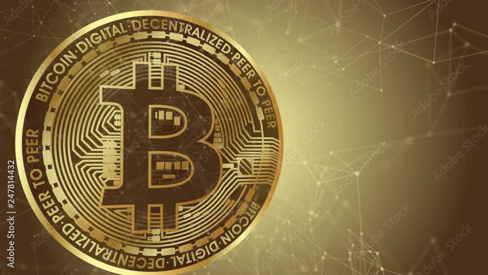 Aufkleber animated peaces of bitcoin on gold backgroun with dots conected with lines