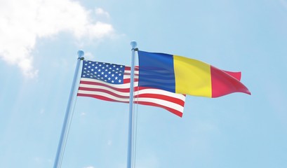 Romania and USA, two flags waving against blue sky. 3d image