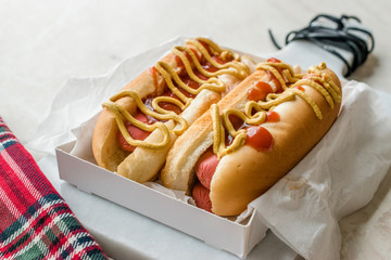 Box of Hot Dog with Ketchup and Mustard / Sausage Sandwich