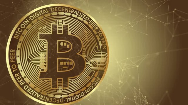 Animated peaces of bitcoin on gold backgroun with dots conected with lines