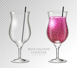 Realistic cocktail blue lagoon vector illustration on transparent background. Full and empty glass