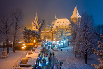 Budapest, Hungary - Christmas market in snowy City Park (Varosliget) from above at night with snowy trees and Vajdahunyad castle at background