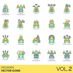 Disorder icons including borderline personality, antisocial, paranoia, paranoid, anxiety, shaking, shortness of breath, stress, choking feeling, delusion, auditory hallucination, panic attack.
