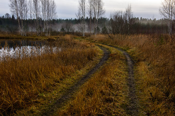 empty country gravel road with mud puddles and bumps