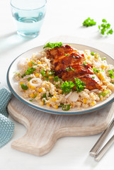 roasted bbq chicken with quinoa sweetcorn onion, healthy lunch